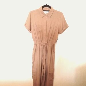 Japna Women's Tan Linen Blend Short Sleeve Cargo Jumpsuit With Tie Belt Small